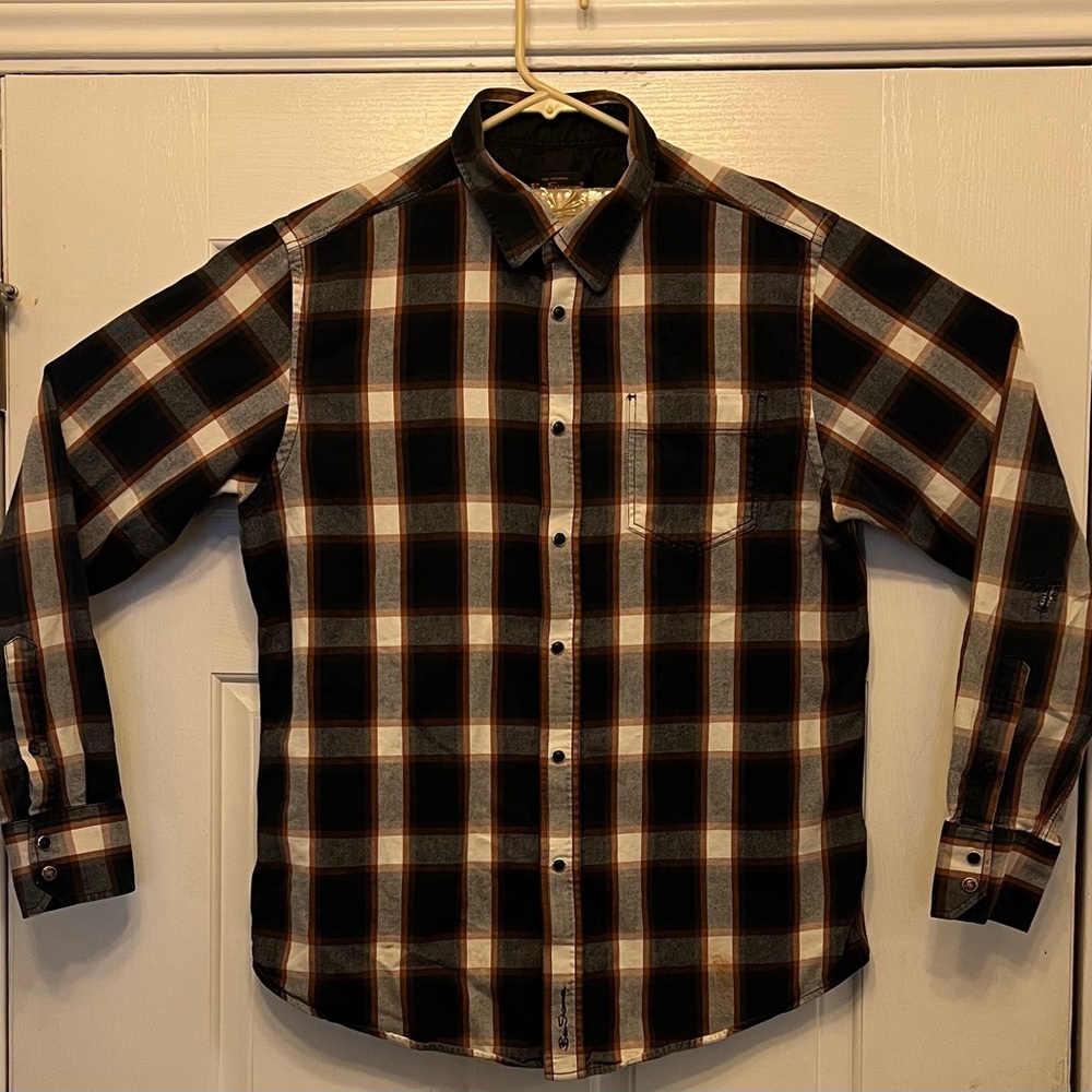 Ben Sherman Mens Brushed Plaid Shirt Sz XL plaid Flannel grey pearl snap flaws